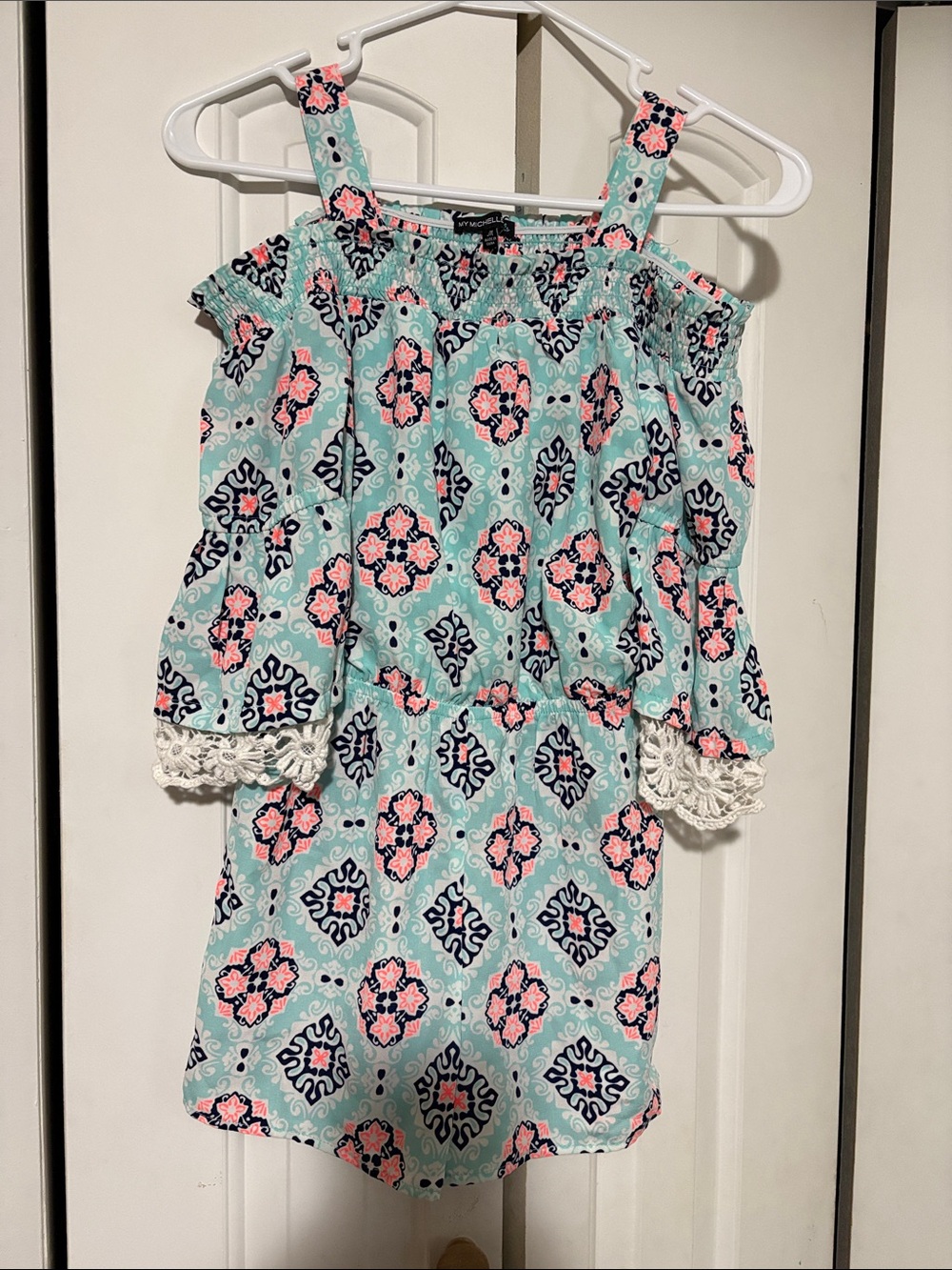 Mint Floral Off-Shoulder romper with Crochet Trim